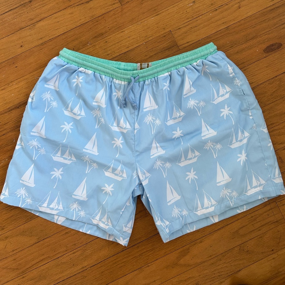 Blue and Green Swim Trunks with Sailboat Print